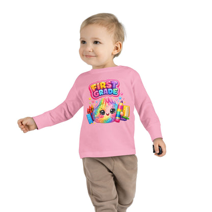 First Grade Toddler Long Sleeve Tee — Colorful Back-to-School Rainbow Crayon Design