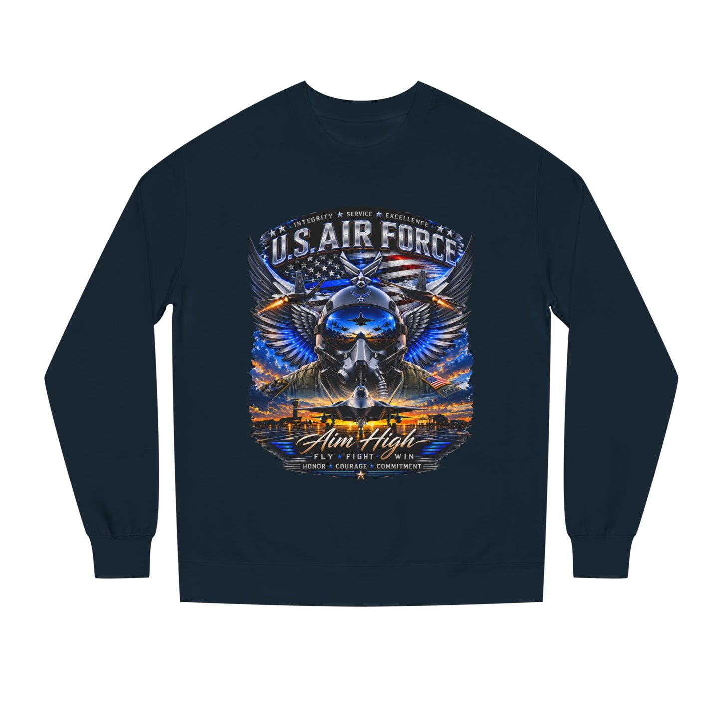 U.S. Air Force Crewneck Sweatshirt — "Aim High" Fighter Jet Graphic