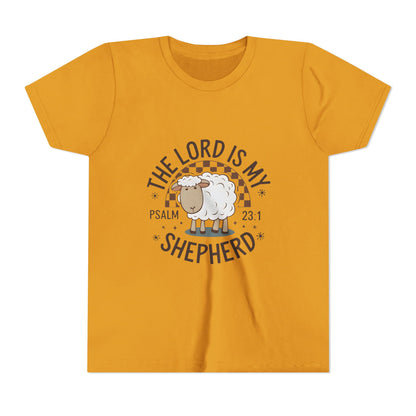 Youth Tee — "The Lord Is My Shepherd" Psalm 23:1 Christian Kids T‑Shirt (Sheep Design)