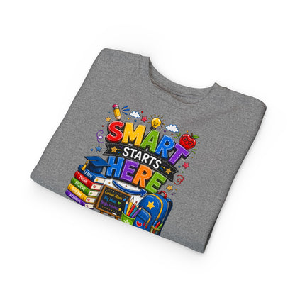 Toddler Sweatshirt — "Smart Starts Here" Back-to-School Kids Crewneck