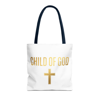 Child of God Tote Bag — Gold Cross Religious Canvas Tote
