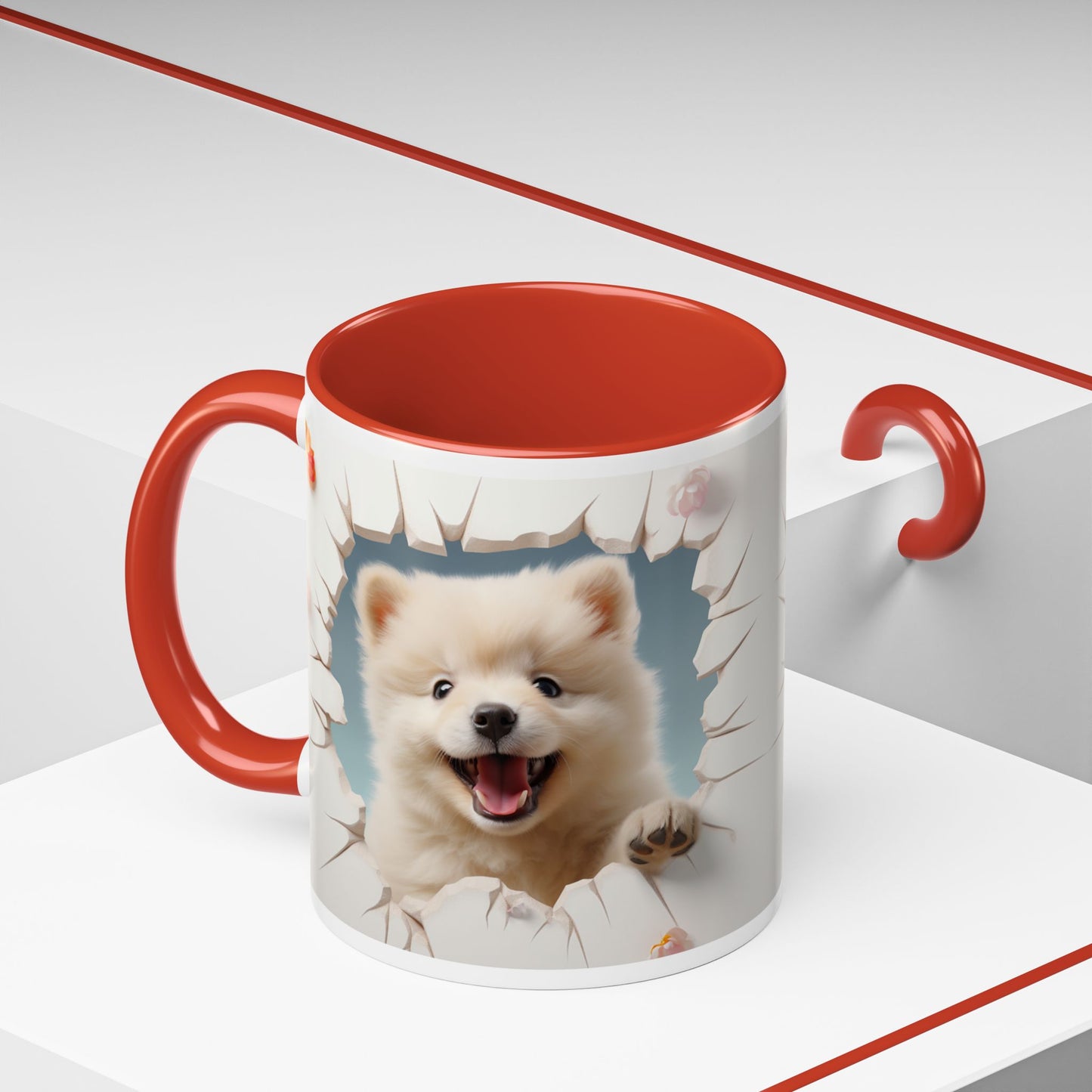 Pomeranian Peek Accent Coffee Mug — Cute Puppy Breakthrough Design (11/15 oz)
