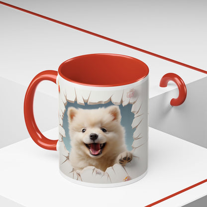Pomeranian Peek Accent Coffee Mug — Cute Puppy Breakthrough Design (11/15 oz)