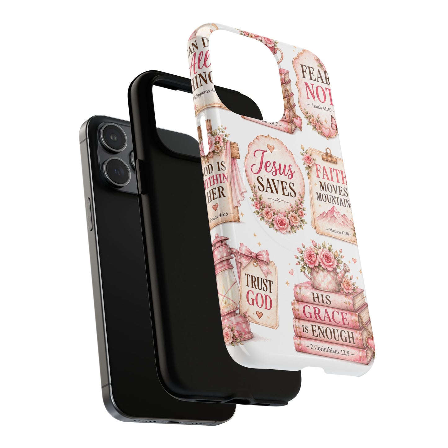 Christian Faith iPhone Tough Magnetic Case — 'Jesus Saves' Floral Scripture Design (Fear Not, Faith Moves Mountains)