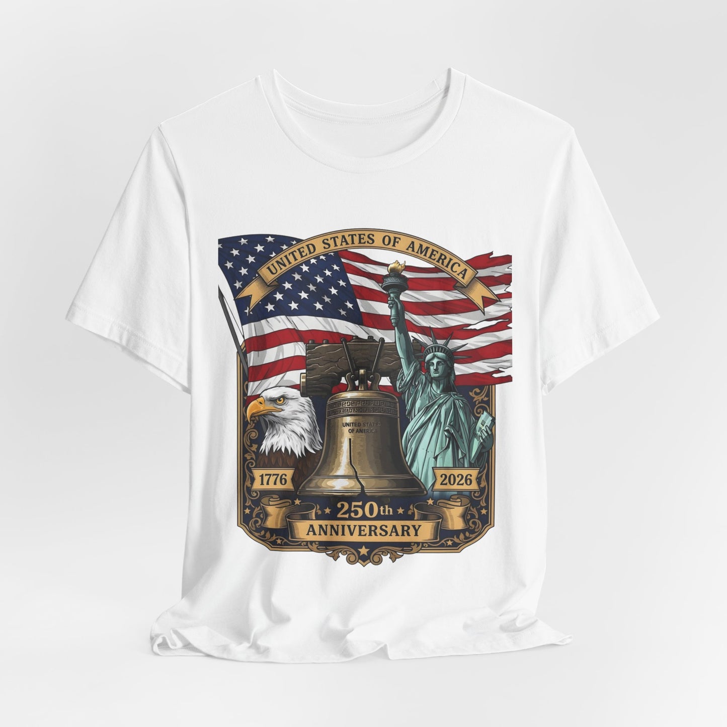 Patriotic 250th Anniversary T-Shirt - Liberty Bell, Bald Eagle & Statue of Liberty
