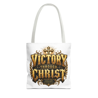 Victory Through Christ Tote Bag — Inspirational Christian Canvas Tote
