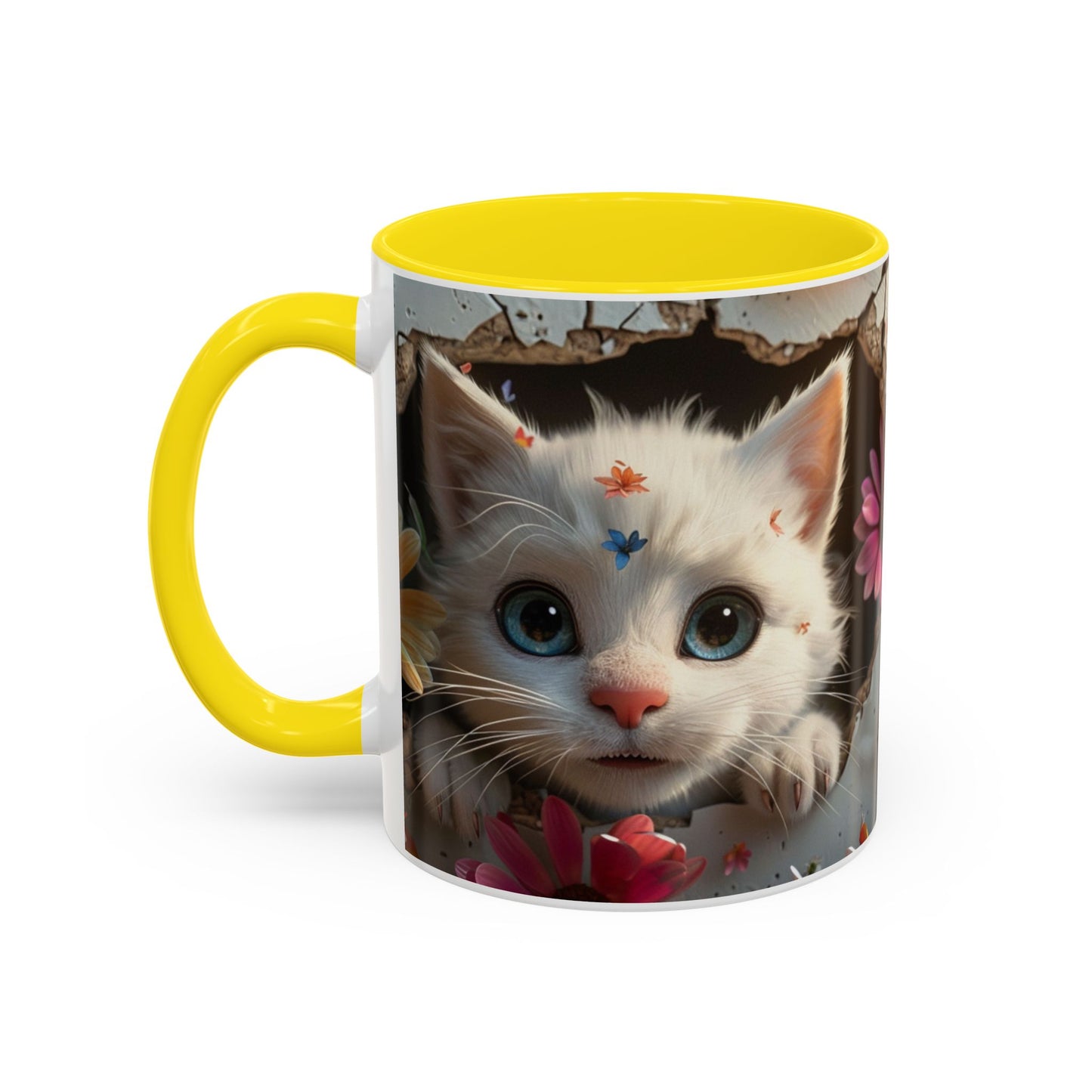 Cute White Kitten Coffee Mug – Floral Accent 11/15oz