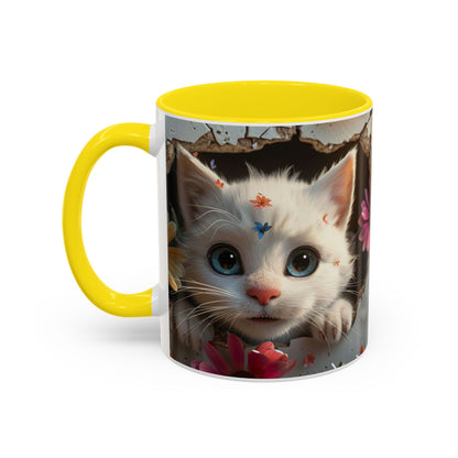 Cute White Kitten Coffee Mug – Floral Accent 11/15oz