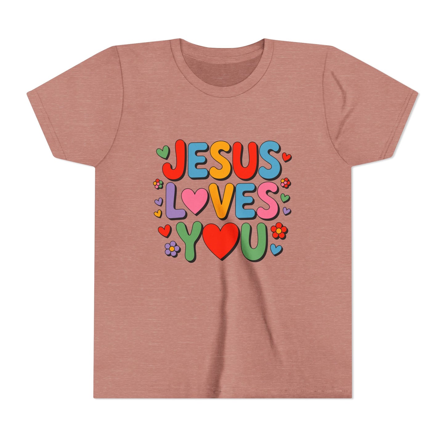 Youth Tee - "Jesus Loves You" Colorful Heart & Flower Christian Shirt