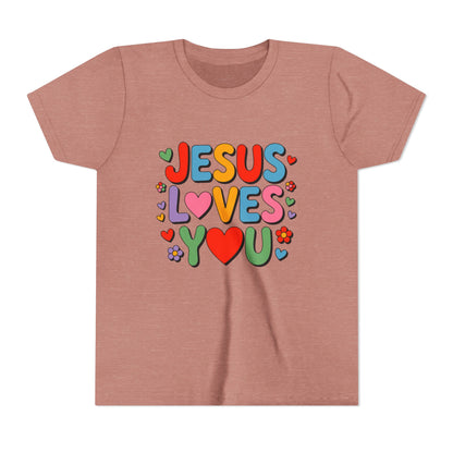 Youth Tee - "Jesus Loves You" Colorful Heart & Flower Christian Shirt