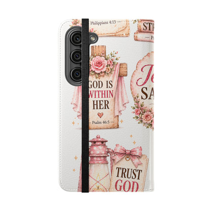 Christian Floral Phone Flip Case — "Jesus Saves" & Inspirational Scripture Wallet Cover