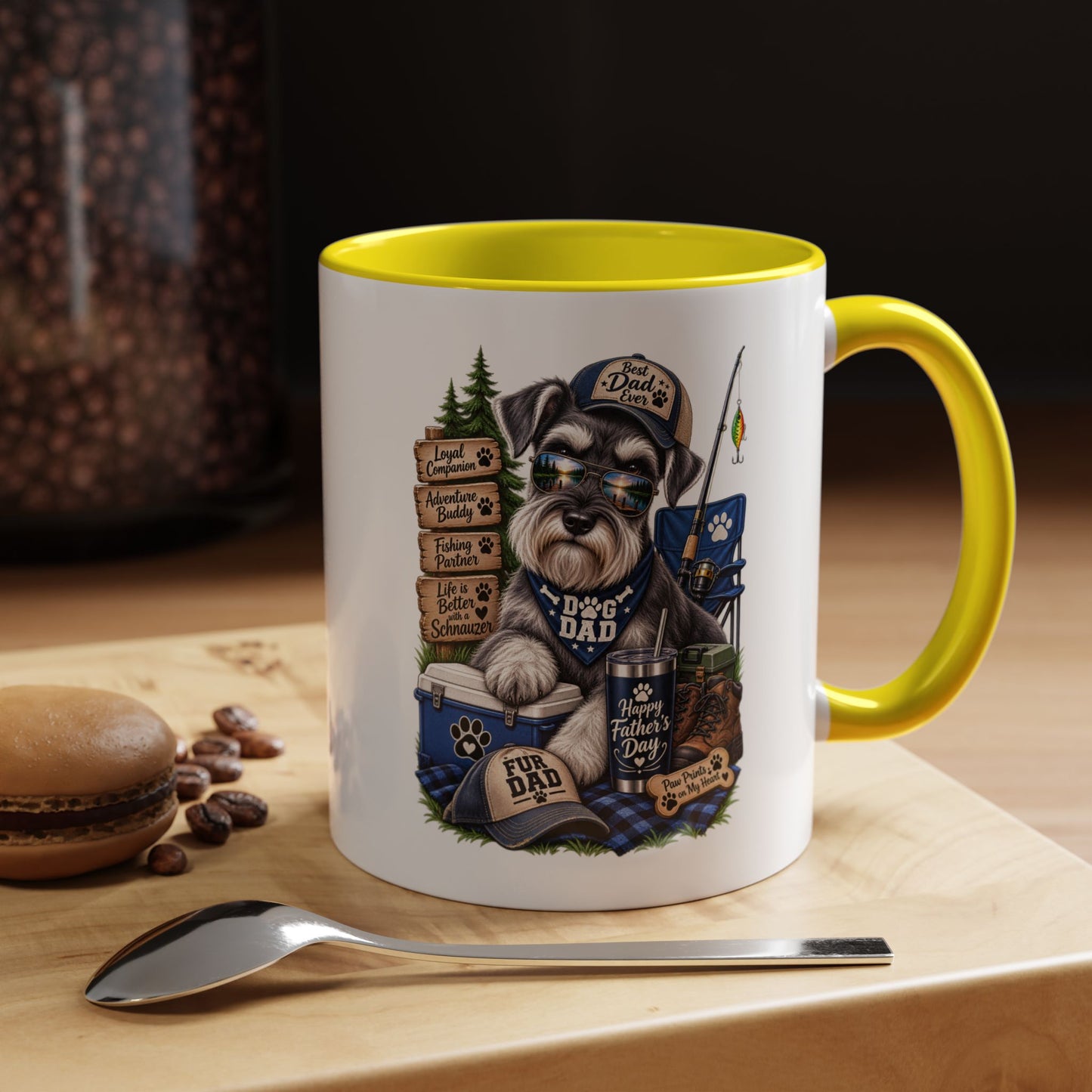 Schnauzer Dad Accent Coffee Mug – "Dog Dad" Camping Paw Print Design (11/15oz)