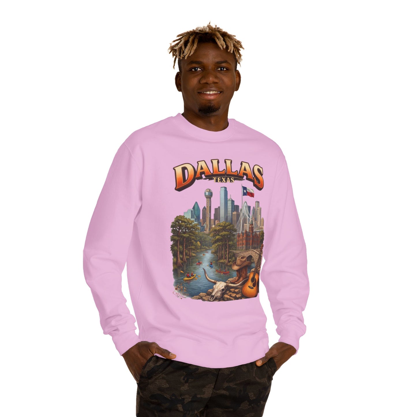 Dallas Skyline Crewneck Sweatshirt — Texas Cityscape & Acoustic Guitar Design
