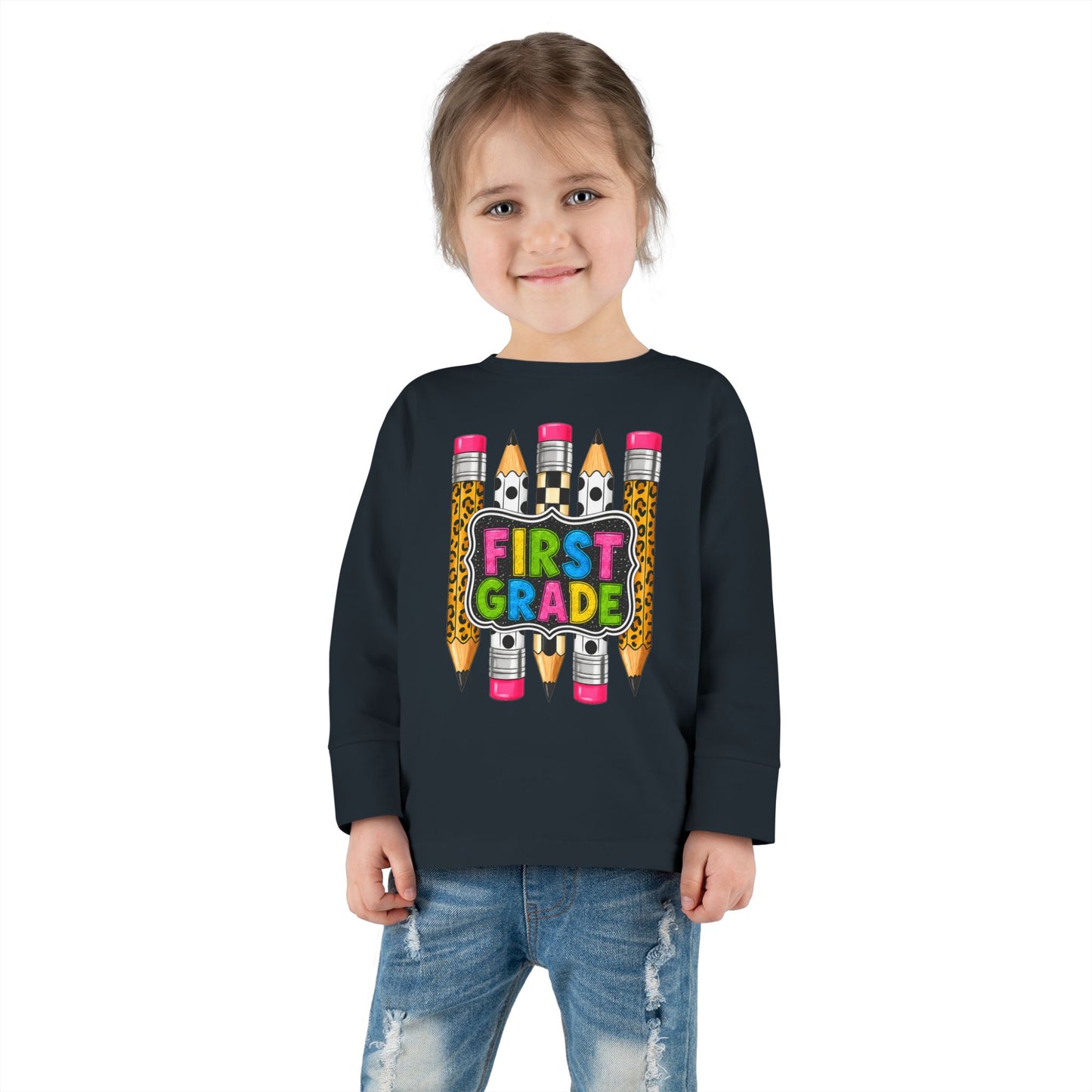 First Grade Toddler Long Sleeve Tee - Colorful Pencils Back-to-School Shirt