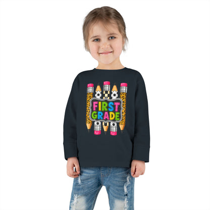 First Grade Toddler Long Sleeve Tee - Colorful Pencils Back-to-School Shirt