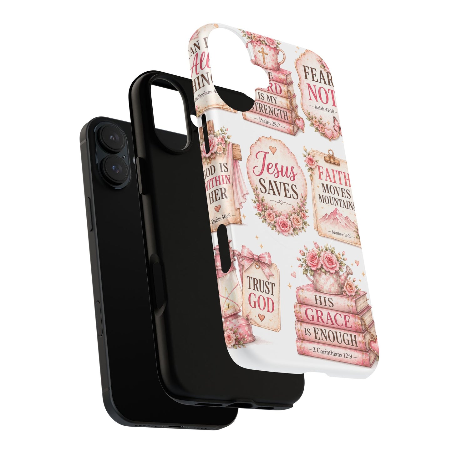 Christian Faith iPhone Tough Magnetic Case — 'Jesus Saves' Floral Scripture Design (Fear Not, Faith Moves Mountains)