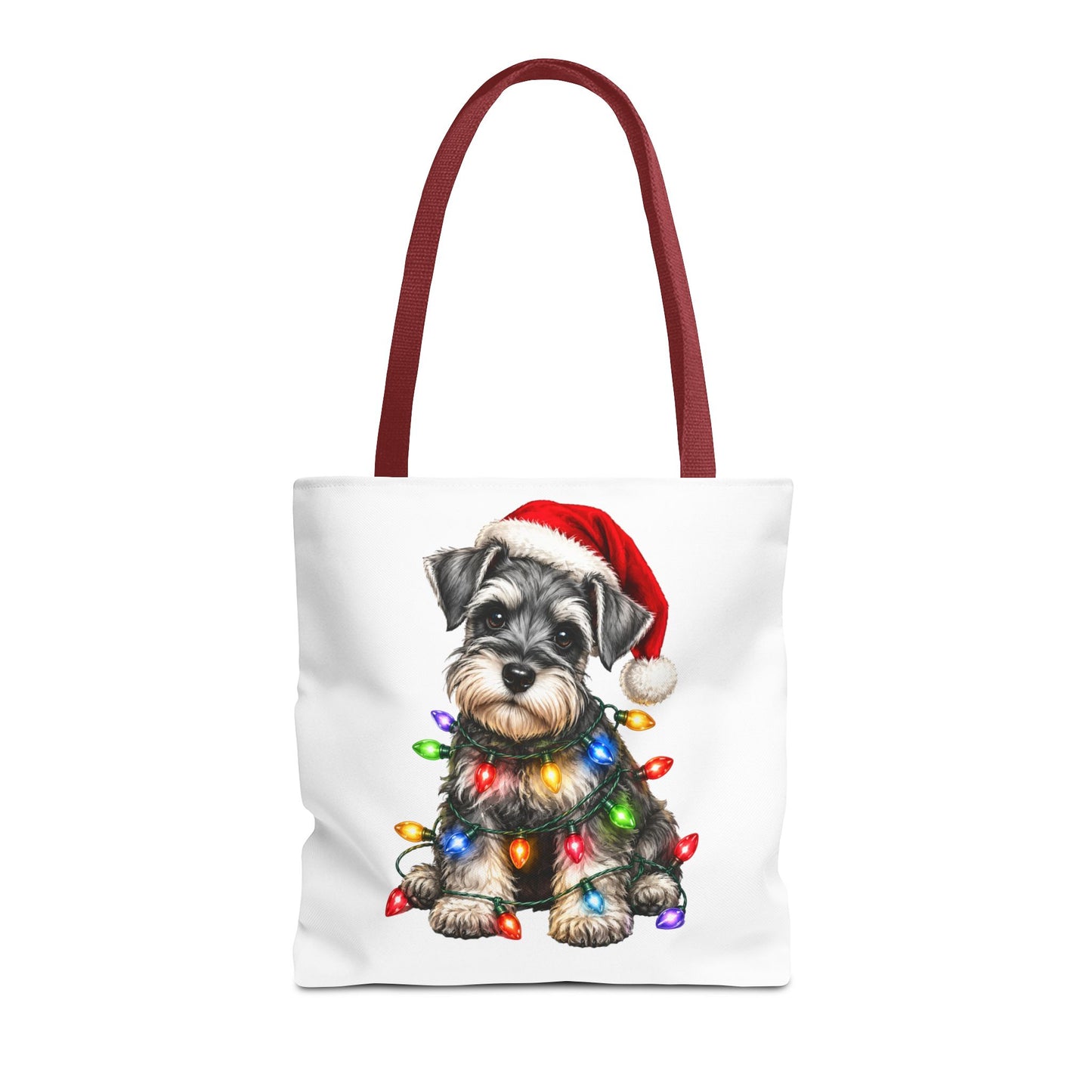 Christmas Schnauzer Tote Bag — Cute Puppy with Santa Hat & Holiday Lights