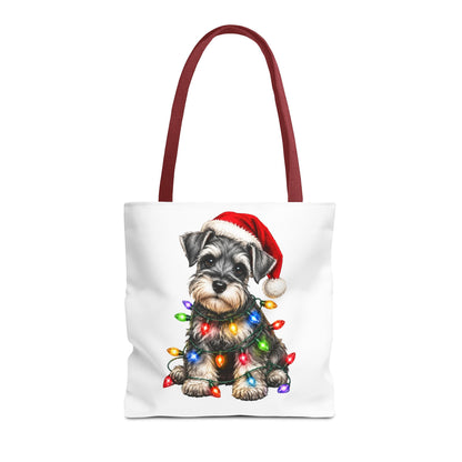 Christmas Schnauzer Tote Bag — Cute Puppy with Santa Hat & Holiday Lights