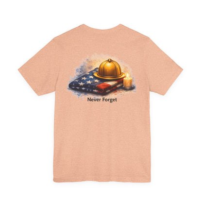 Never Forget Memorial T‑Shirt — Firefighter Helmet & Flag Tribute