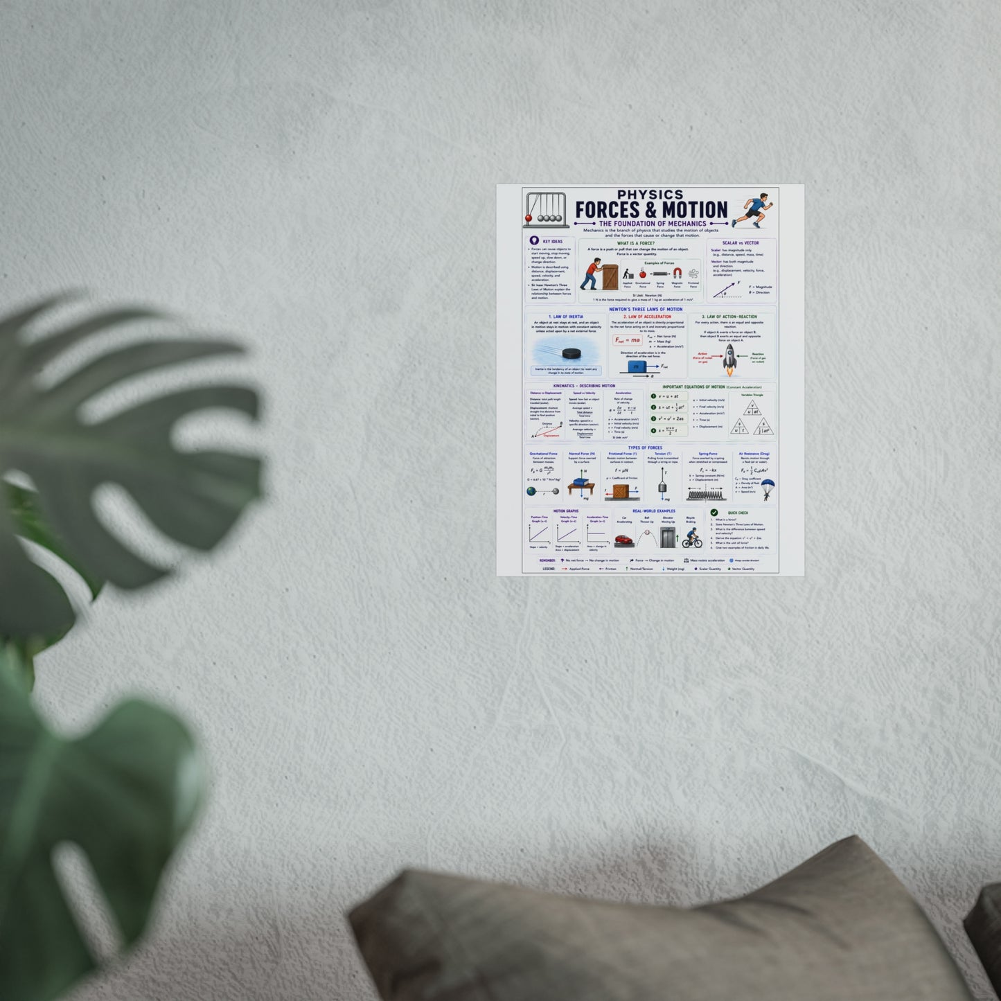 Physics Forces & Motion Educational Poster — Forces and Motion Study Guide