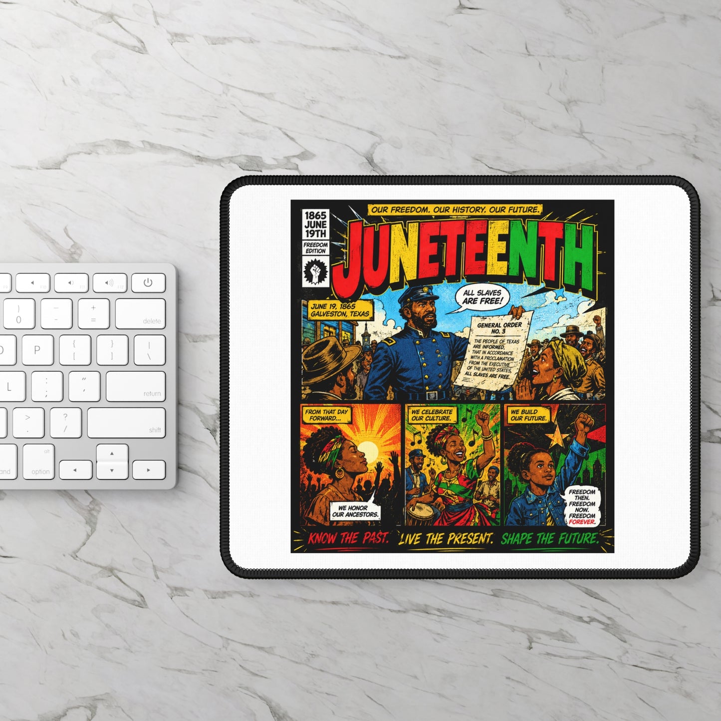 Juneteenth Comic Art Gaming Mouse Pad — Know the Past, Live the Present, Shape the Future