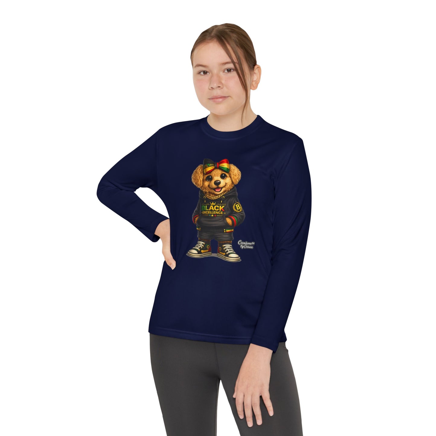 Youth Long Sleeve Tee — Trendy Bear Graphic "Black Excellence"