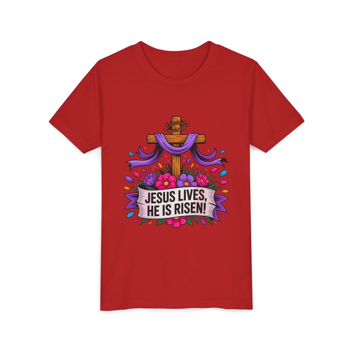 Youth Tee — "Jesus Lives, He Is Risen!" Easter Christian Tee
