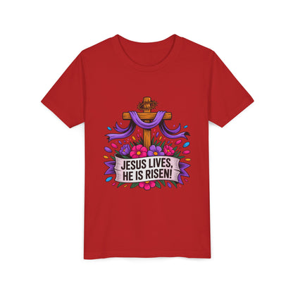 Youth Tee — "Jesus Lives, He Is Risen!" Easter Christian Tee