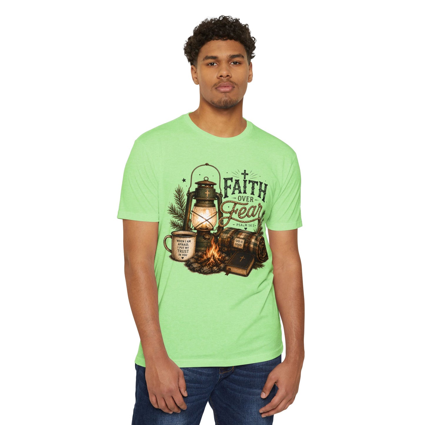 Faith Over Fear T-Shirt — Christian Camping Lantern & Bible Graphic