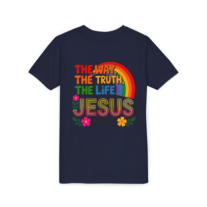 Youth Tee — "The Way, The Truth, The Life" Jesus John 14:6 Rainbow Christian Shirt