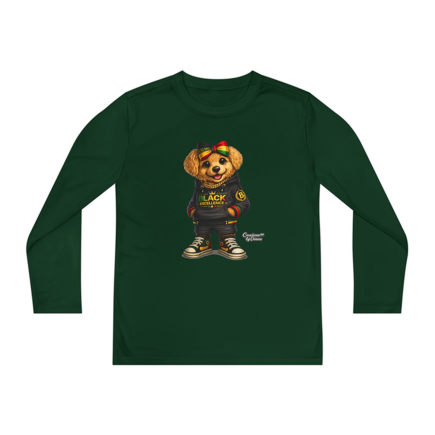 Youth Long Sleeve Tee — Trendy Bear Graphic "Black Excellence"
