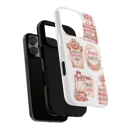 Christian Phone Case — Jesus Saves Floral Tough Case with 'God Is Within Her' & 'Trust God' Design
