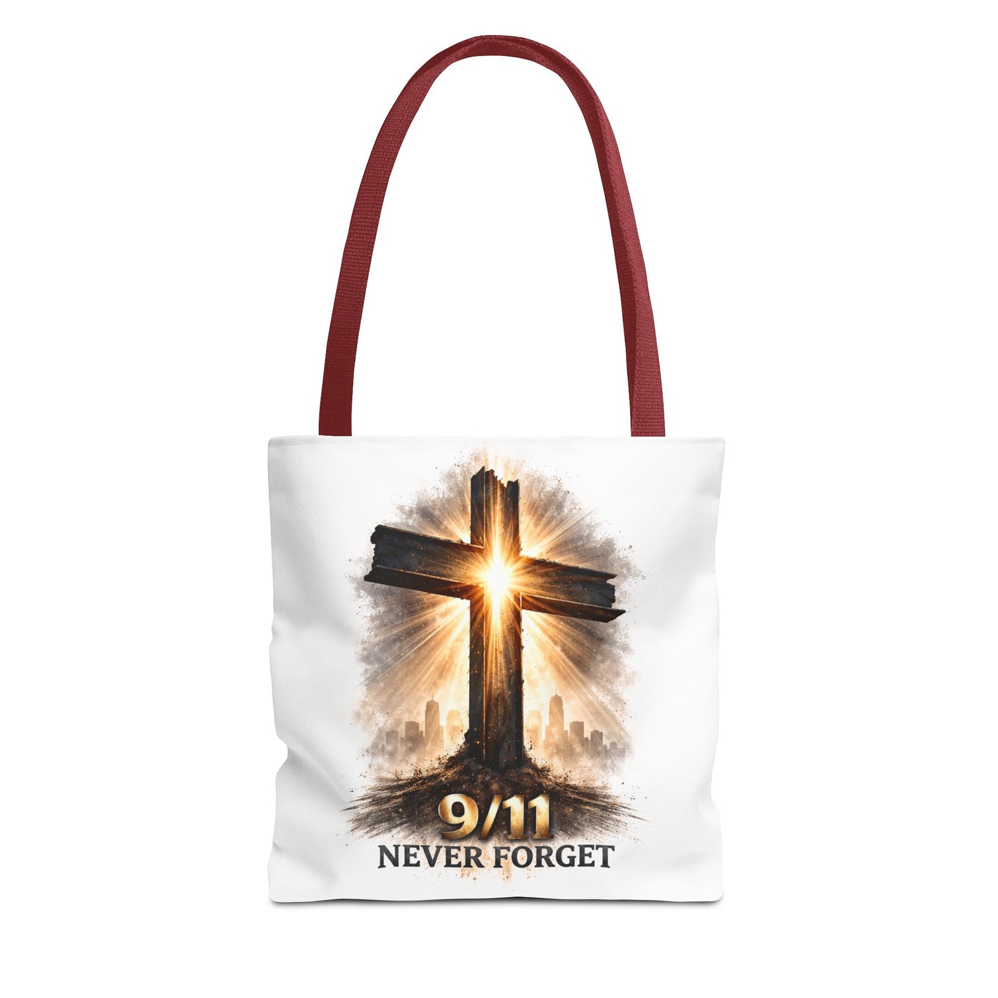9/11 Never Forget Cross Memorial Tote Bag — Patriotic Remembrance Shopper