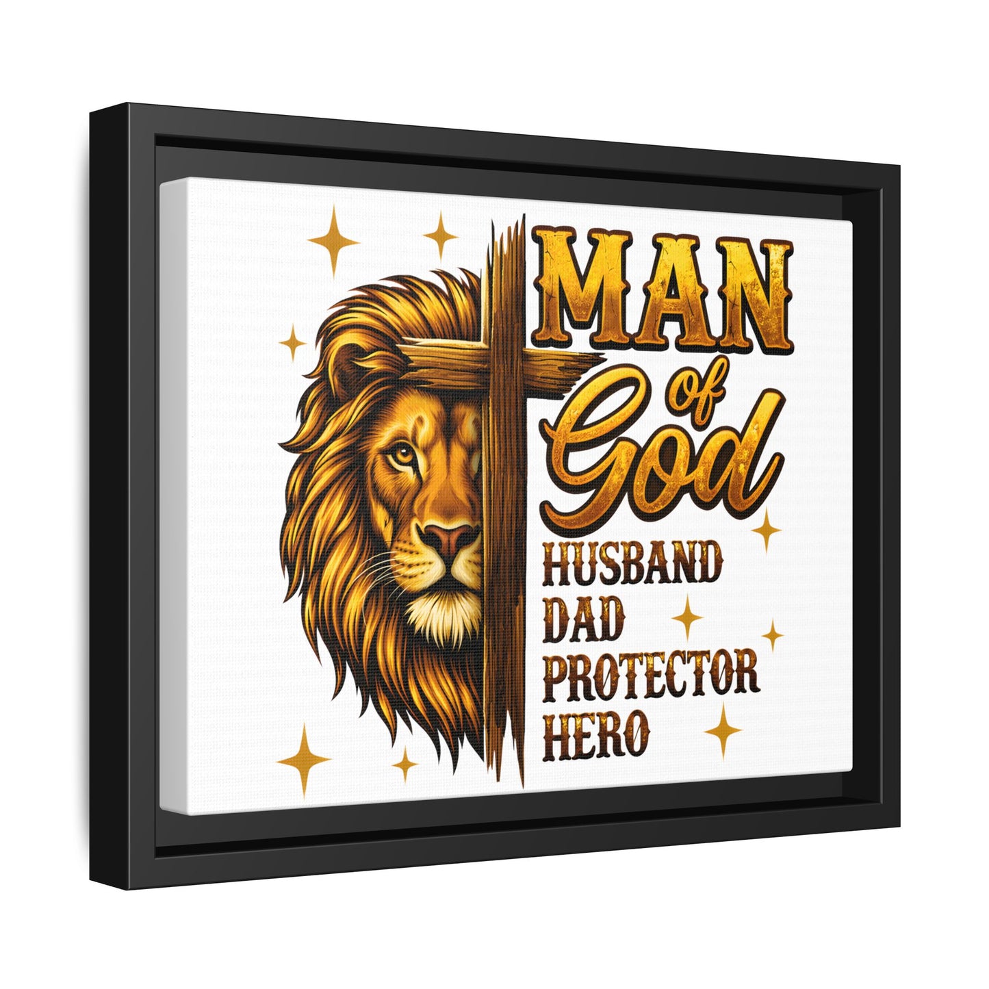 Man of God Framed Canvas Art — 'Man of God: Husband, Dad, Protector, Hero' Religious Wall Decor