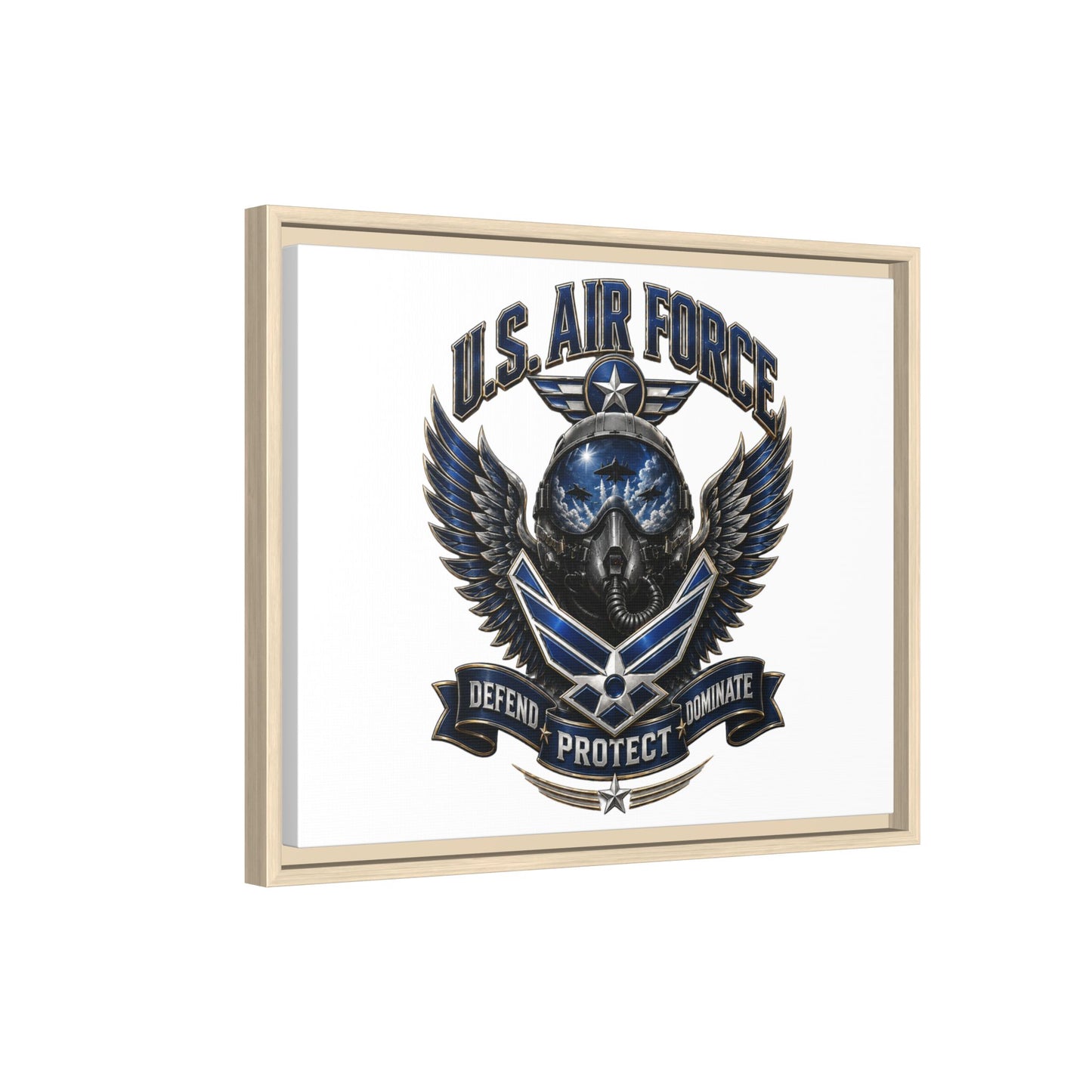 U.S. Air Force Emblem Framed Canvas Print – "Defend Protect Dominate" Military Wall Art