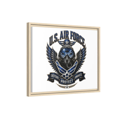 U.S. Air Force Emblem Framed Canvas Print – "Defend Protect Dominate" Military Wall Art