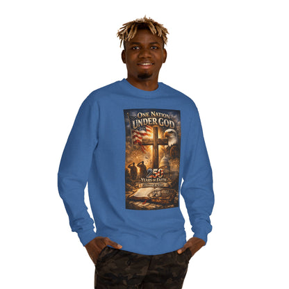Patriotic Christian Sweatshirt — "One Nation Under God" 25 Years of Faith Crewneck