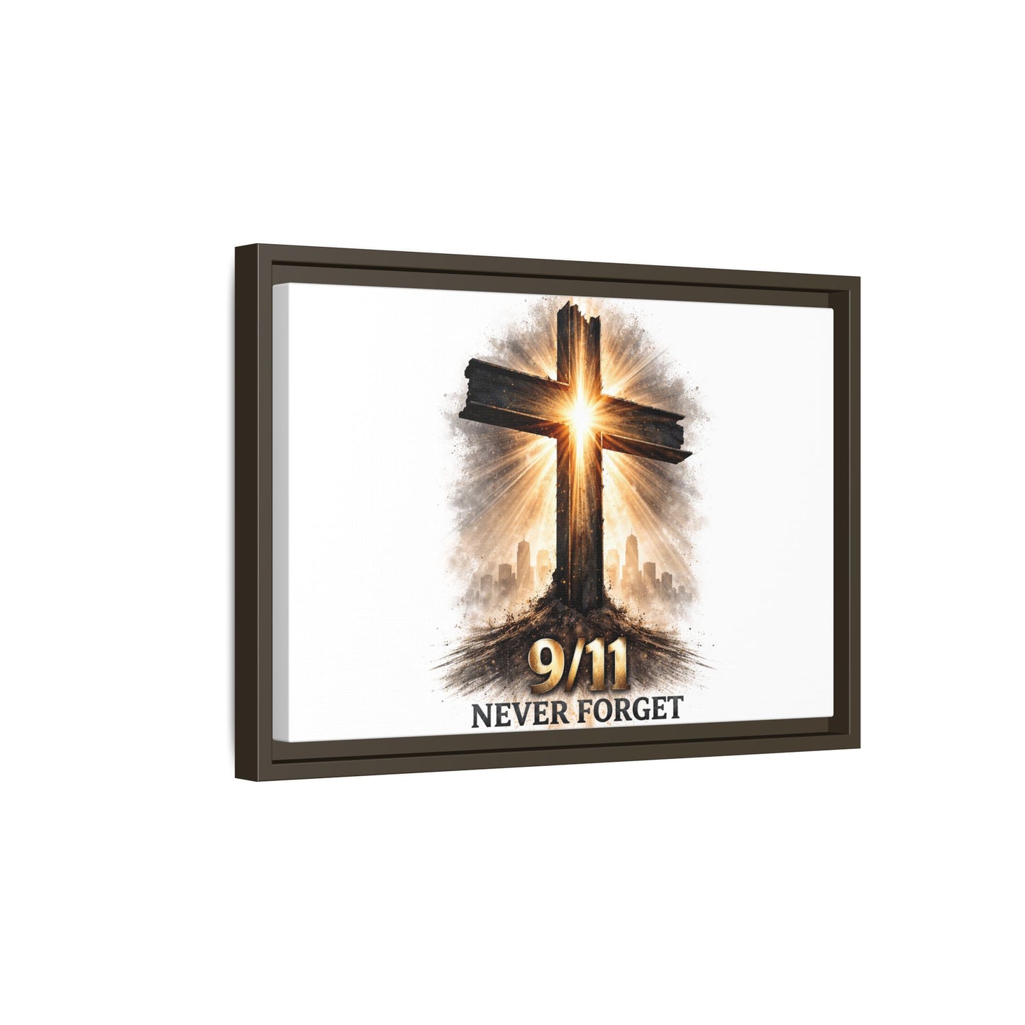 9/11 Never Forget Framed Canvas Wall Art — Memorial Cross Tribute