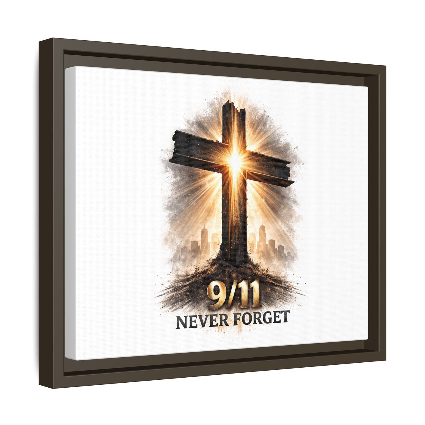9/11 Never Forget Framed Canvas Wall Art — Memorial Cross Tribute