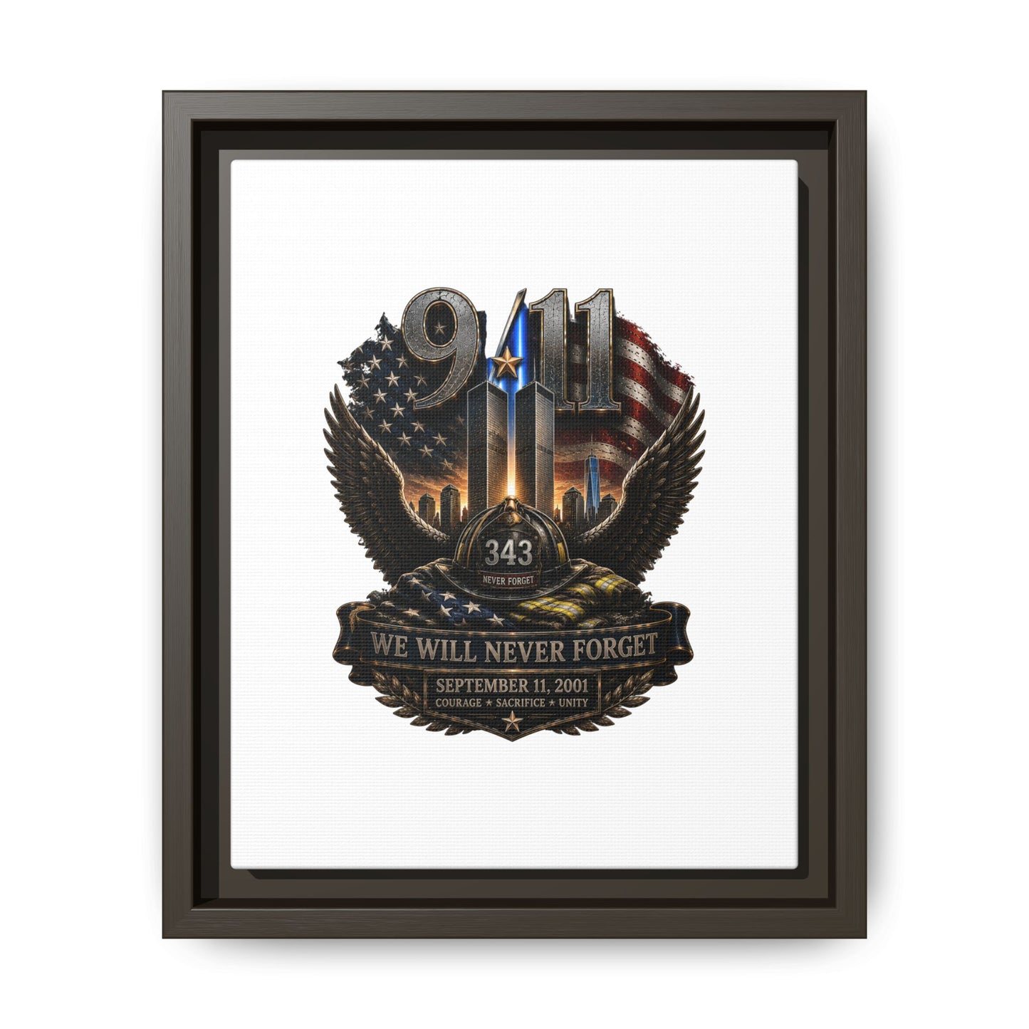 9/11 Memorial Matte Canvas Print — "We Will Never Forget" Framed Tribute
