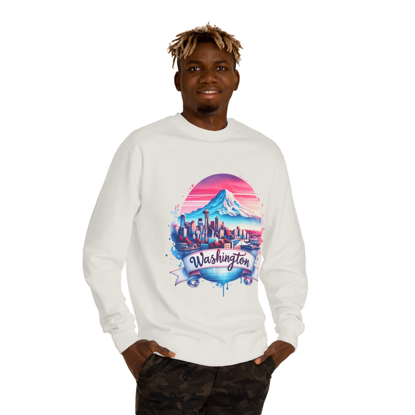 Washington Scenic Crewneck Sweatshirt — Mountain & City Skyline Design