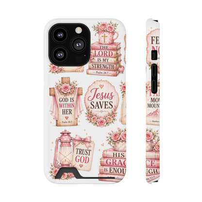Christian Floral Phone Case with Card Holder — 'Jesus Saves' Inspirational Design
