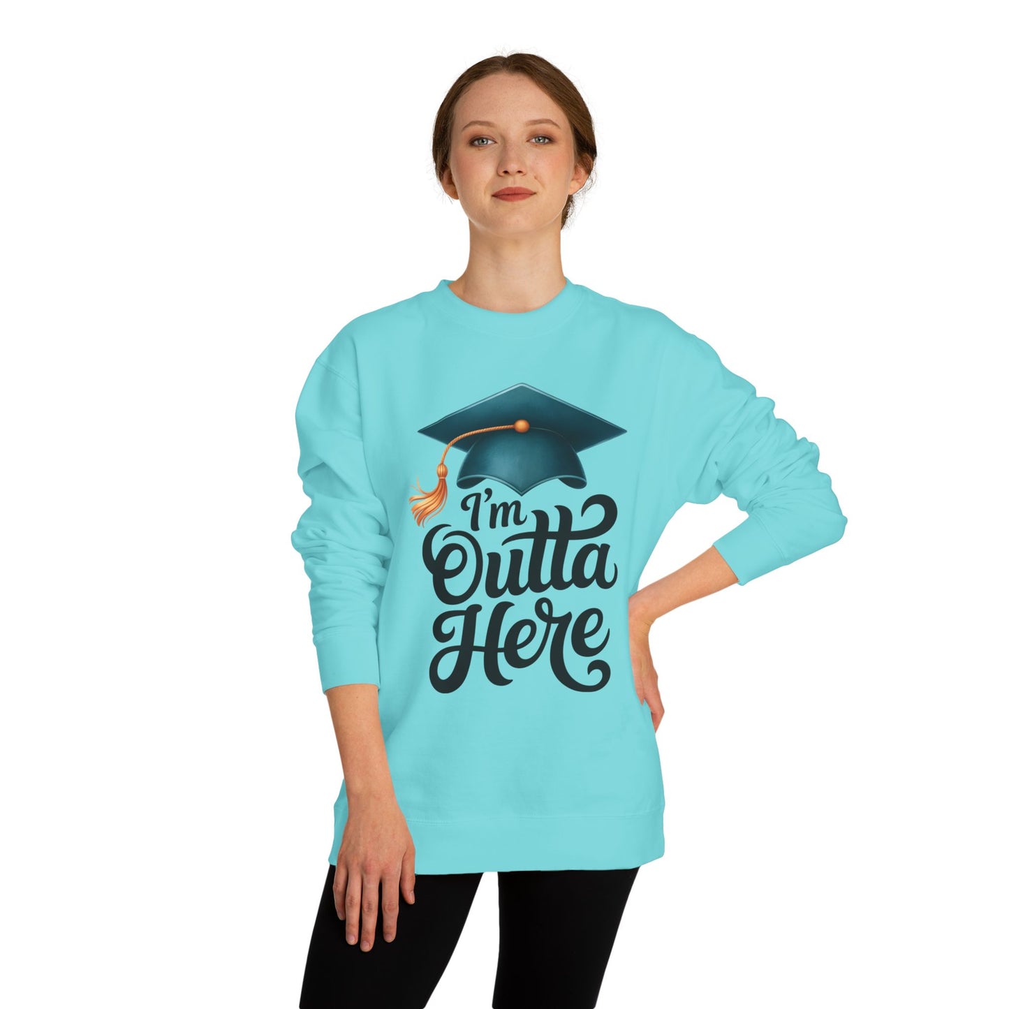 Graduation Crewneck Sweatshirt – “I’m Outta Here” Cap & Tassel Design