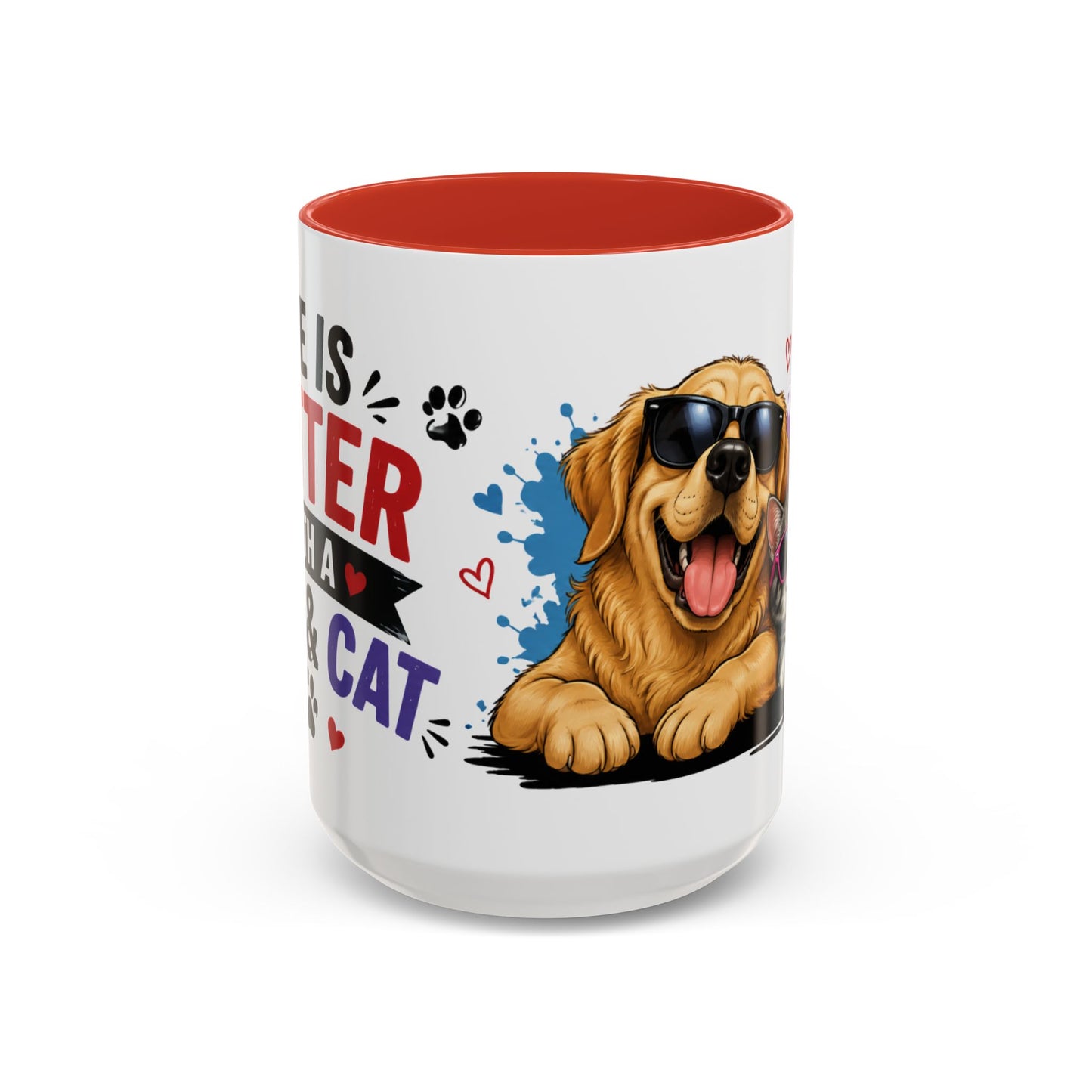 Dog and Cat Coffee Mug – "Life is Better with a Cat" Accent Ceramic Mug