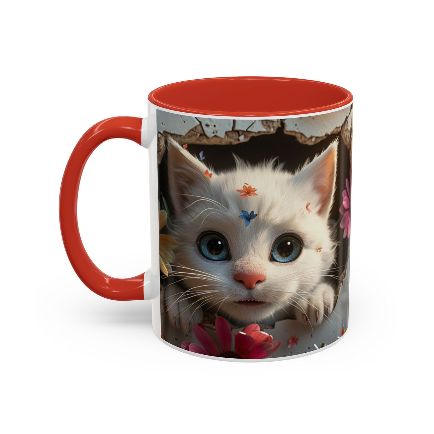 Cute White Kitten Coffee Mug – Floral Accent 11/15oz