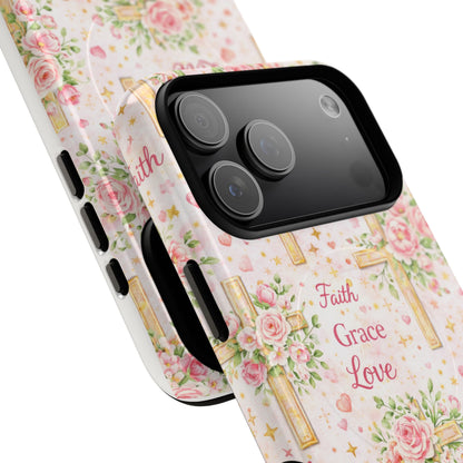 Faith Grace Love Tough Magnetic Phone Case — Floral Cross Protective Cover