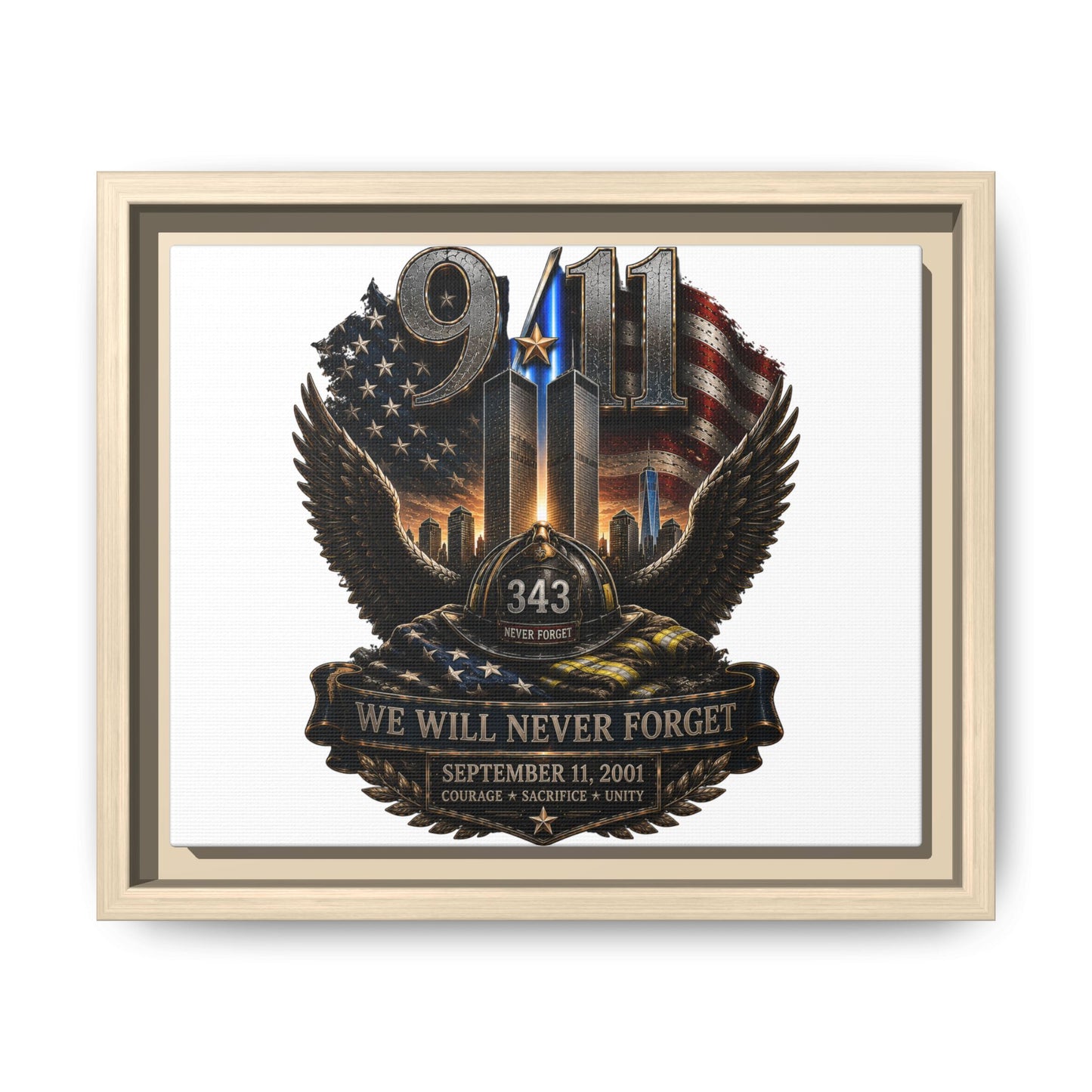 9/11 Memorial Matte Canvas Print — "We Will Never Forget" Framed Tribute