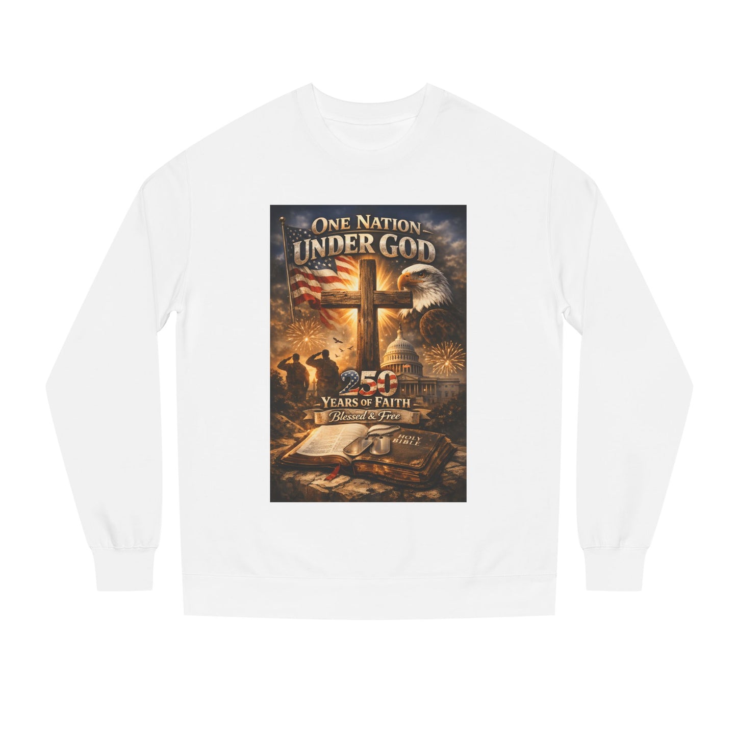 Patriotic Christian Sweatshirt — "One Nation Under God" 25 Years of Faith Crewneck