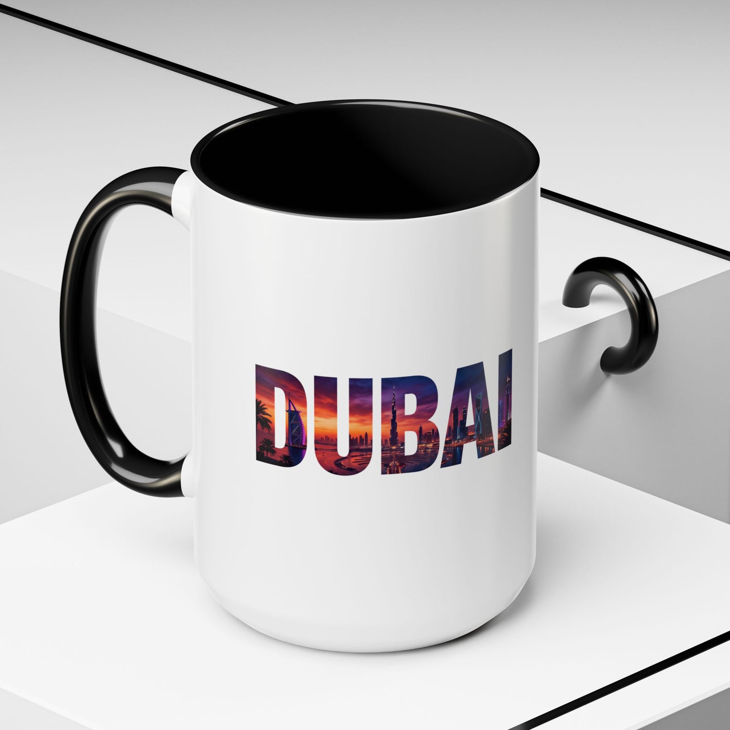 Dubai Skyline Accent Coffee Mug — Sunset City Photo Text (11/15oz)