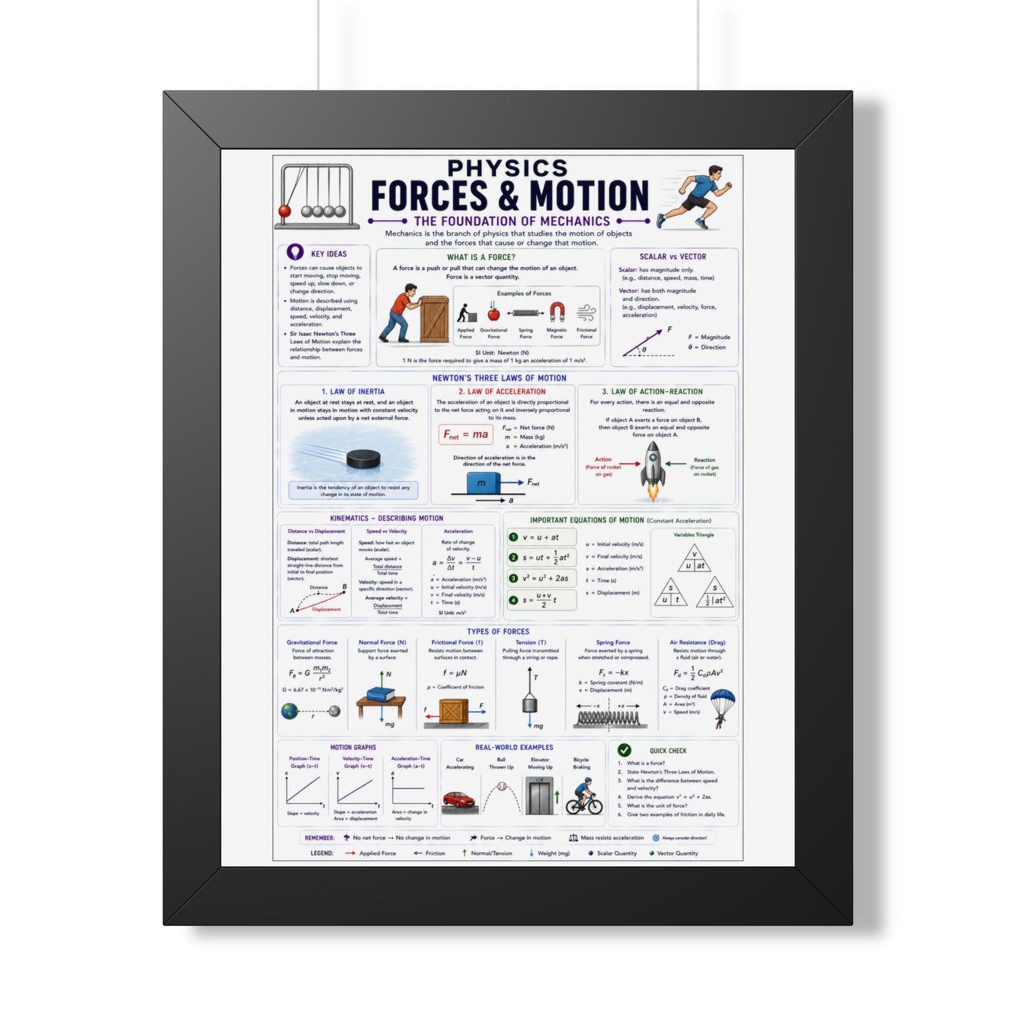 Forces & Motion Physics Poster — Framed Educational Chart
